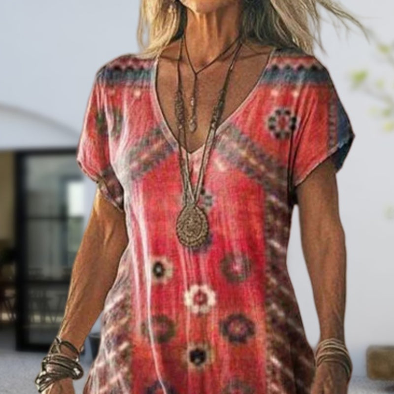 ✨Ženska obleka s kratkimi rokavi in potiskom ter V-izrezom-SI