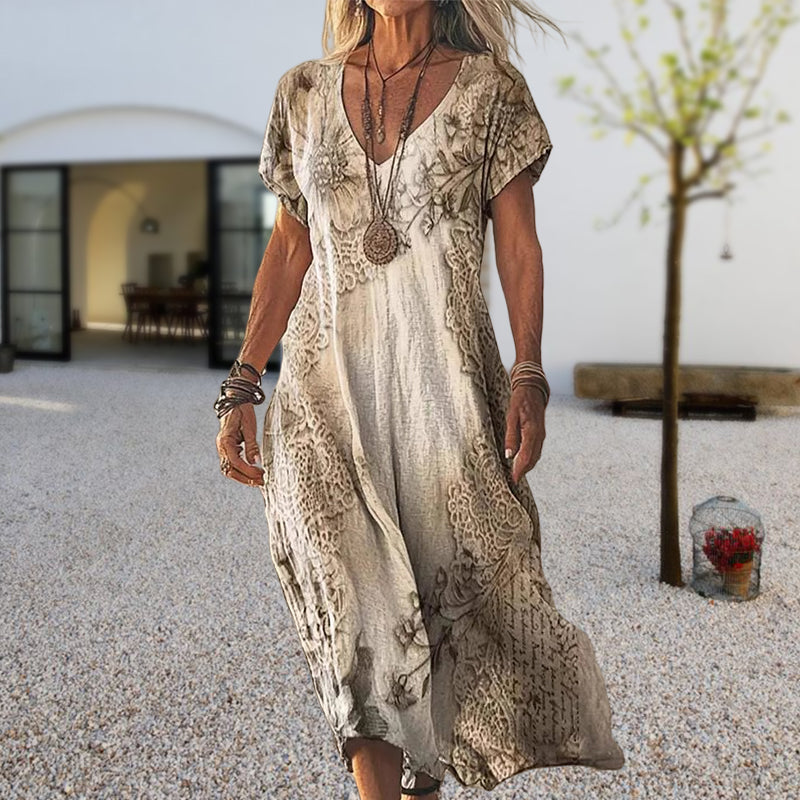 ✨Γυναικείο Φόρεμα με Κοντά Μανίκια και Στάμπα με V Λαιμόκοψη-GR