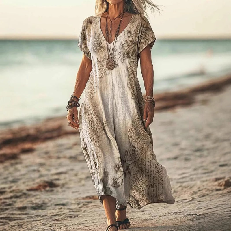 ✨Moteriška trumpų rankovių suknelė su raštu ir V formos iškirpte-LT