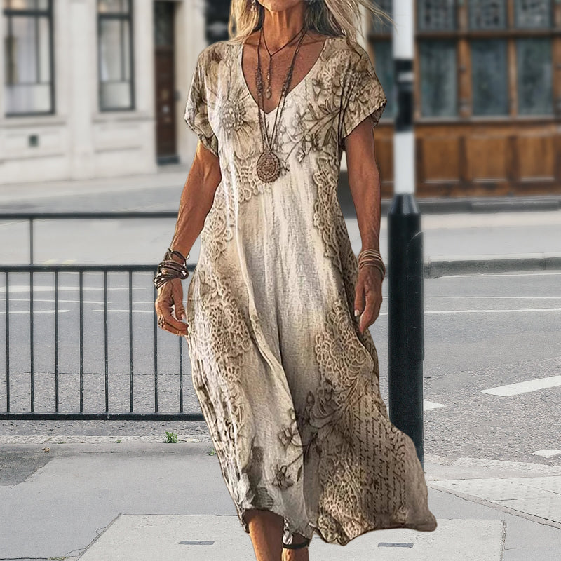 ✨Moteriška trumpų rankovių suknelė su raštu ir V formos iškirpte-LT