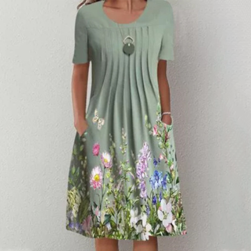 【S-3XL】👗Gėlėta suknelė su apvalia iškirpte-LT