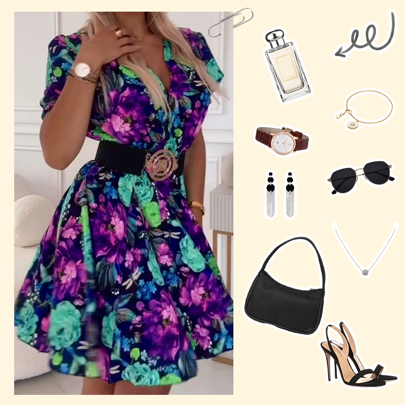 ⏳Ribotą laiką taikoma 50 % nuolaida💥✨Moteriška mini suknelė V formos iškirpte ir gėlių raštu-LT