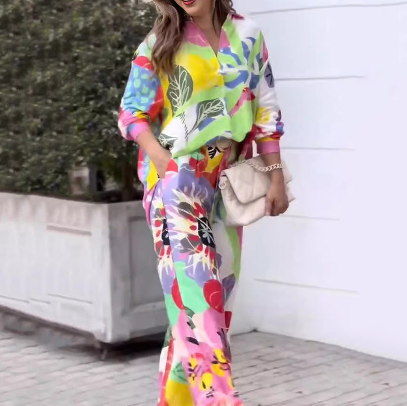 💖Γυναικείο σετ δύο τεμαχίων με casual, ζωηρό τύπωμα-GR