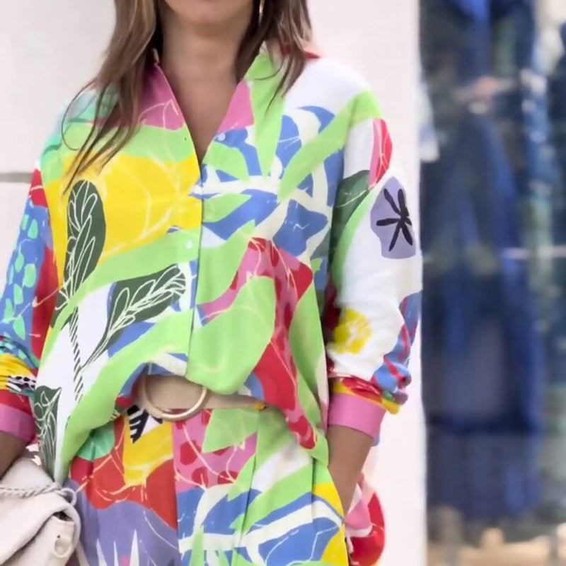 💖Γυναικείο σετ δύο τεμαχίων με casual, ζωηρό τύπωμα-GR