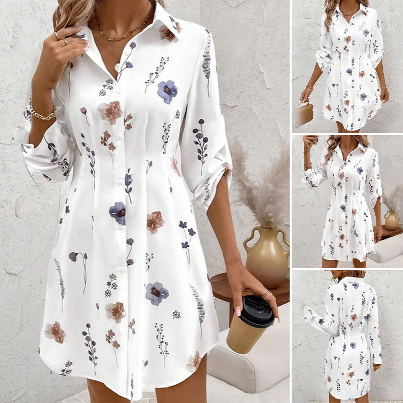 【S-XL】🌸Elegantna srajčna obleka A-kroja z dolgimi rokavi in cvetličnim potiskom-SI