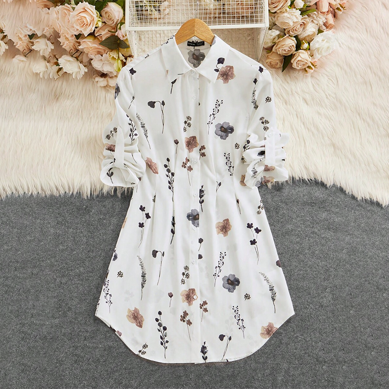 【S-XL】🌸Κομψό φόρεμα-πουκάμισο με φλοράλ στάμπα και μακριά μανίκια σε γραμμή Α-GR