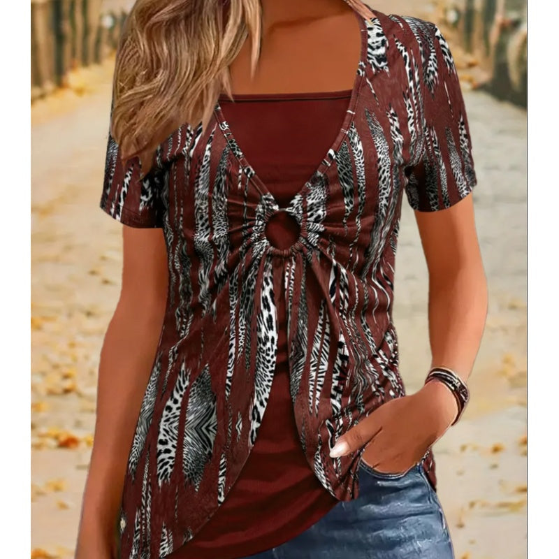 🔥Moteriški vintažiniai kvadratinės iškirptės leopardo rašto marškinėliai trumpomis rankovėmis-LT