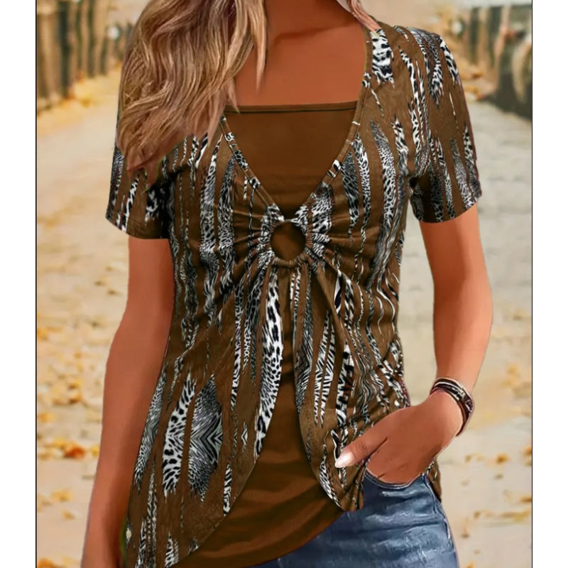 🔥Γυναικείο vintage κοντομάνικο μπλουζάκι με τετράγωνη λαιμόκοψη και λεοπάρ σχέδιο-GR