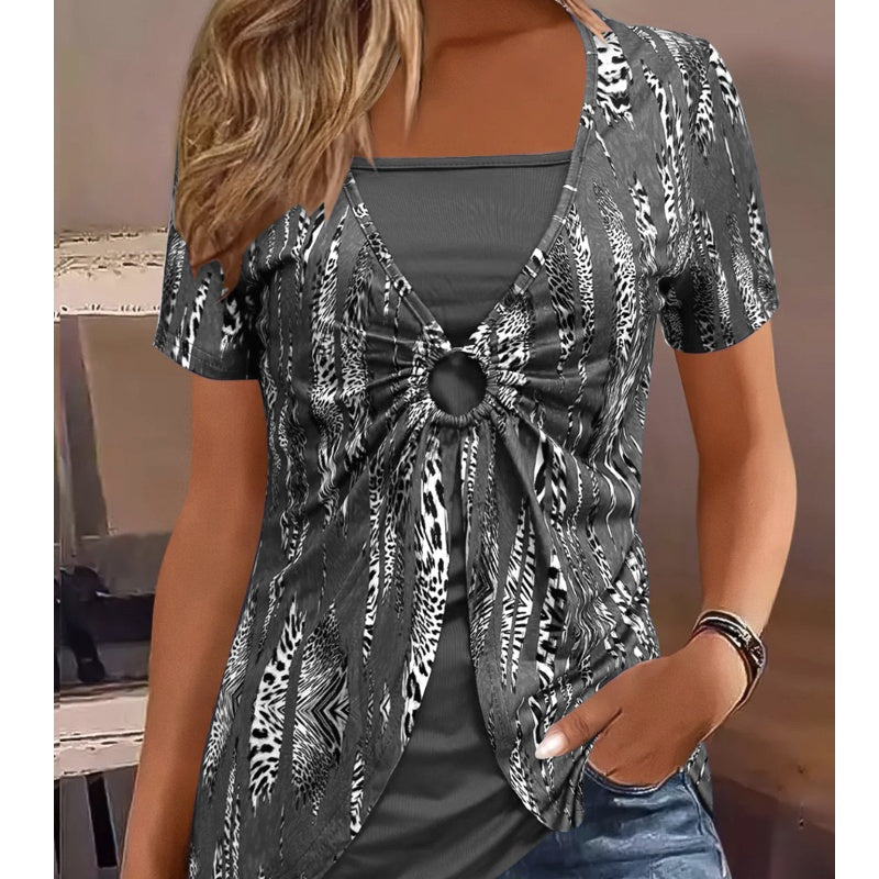 🔥Ženska vintage majica s kratkimi rokavi in leopardjim potiskom, kvadratnim izrezom-SI