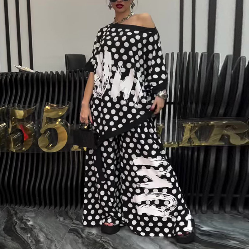 Σετ 2 τεμαχίων: oversized top και παντελόνι με φαρδύ παντελόνι για γυναίκες-GR