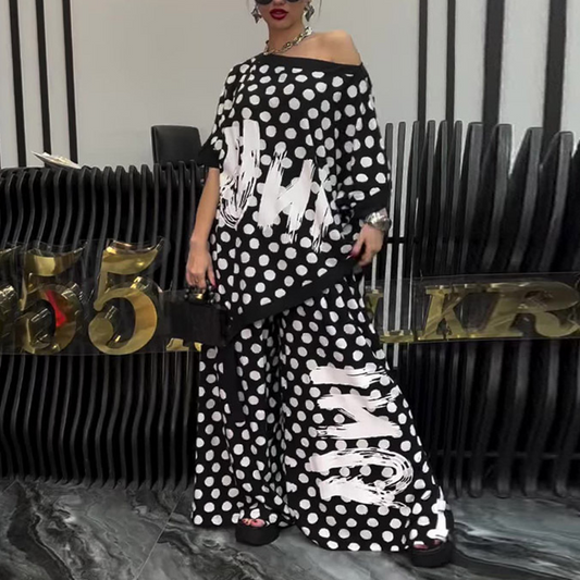 Σετ 2 τεμαχίων: oversized top και παντελόνι με φαρδύ παντελόνι για γυναίκες-GR