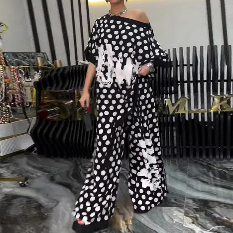Σετ 2 τεμαχίων: oversized top και παντελόνι με φαρδύ παντελόνι για γυναίκες-GR