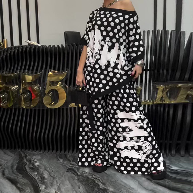 Σετ 2 τεμαχίων: oversized top και παντελόνι με φαρδύ παντελόνι για γυναίκες-GR
