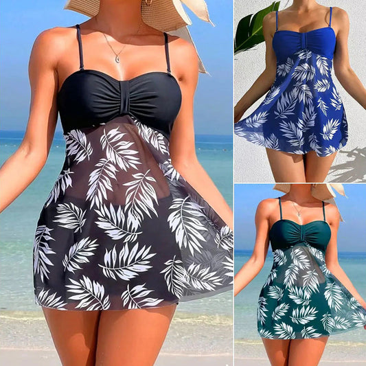 🌴👙Moteriškas dviejų dalių raštuotas maudymosi kostiumėlis su dirželiais šortais-LT