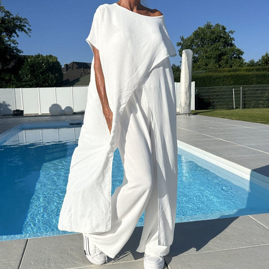 🌸Vienspalvis pečių neapsaugotos palaidinės ir kelnių komplektas-LT