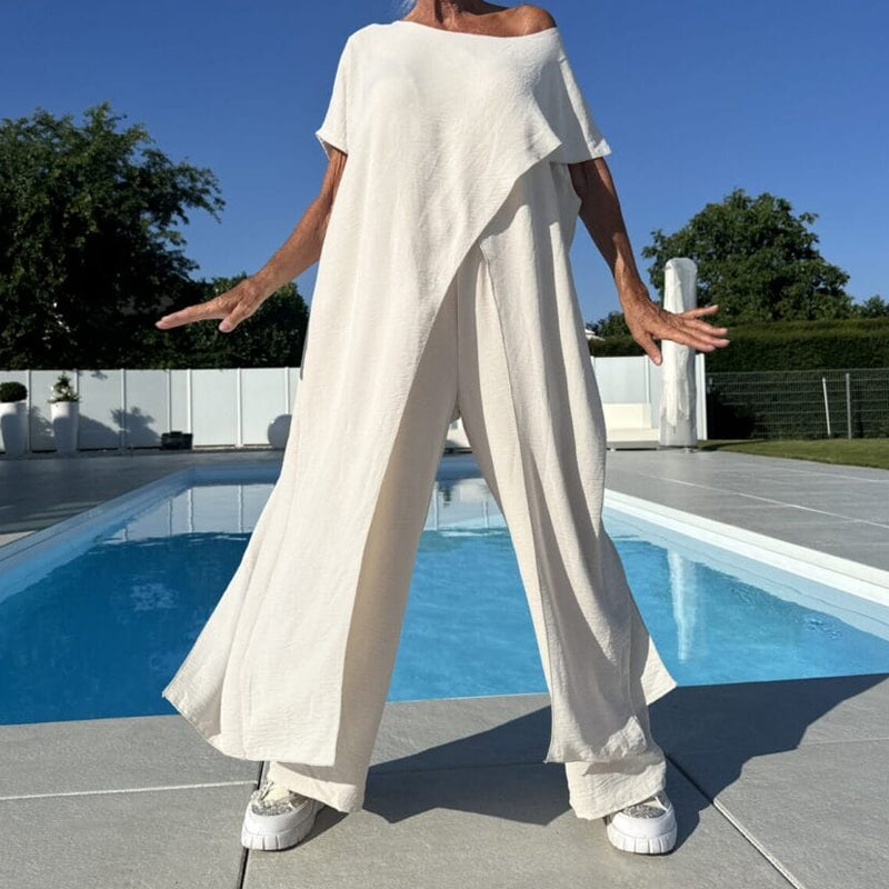 🌸Vienspalvis pečių neapsaugotos palaidinės ir kelnių komplektas-LT