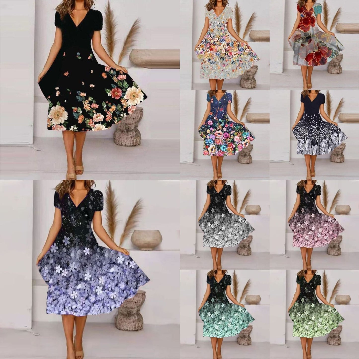 【S-4XL】🌺Γυναικείο φόρεμα με στάμπα και λαιμόκοψη V-GR