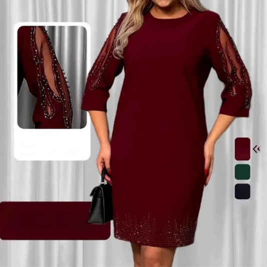 ✨Obleka s tričetrtinskimi rokavi in čipko z okrasnimi kamni-SI