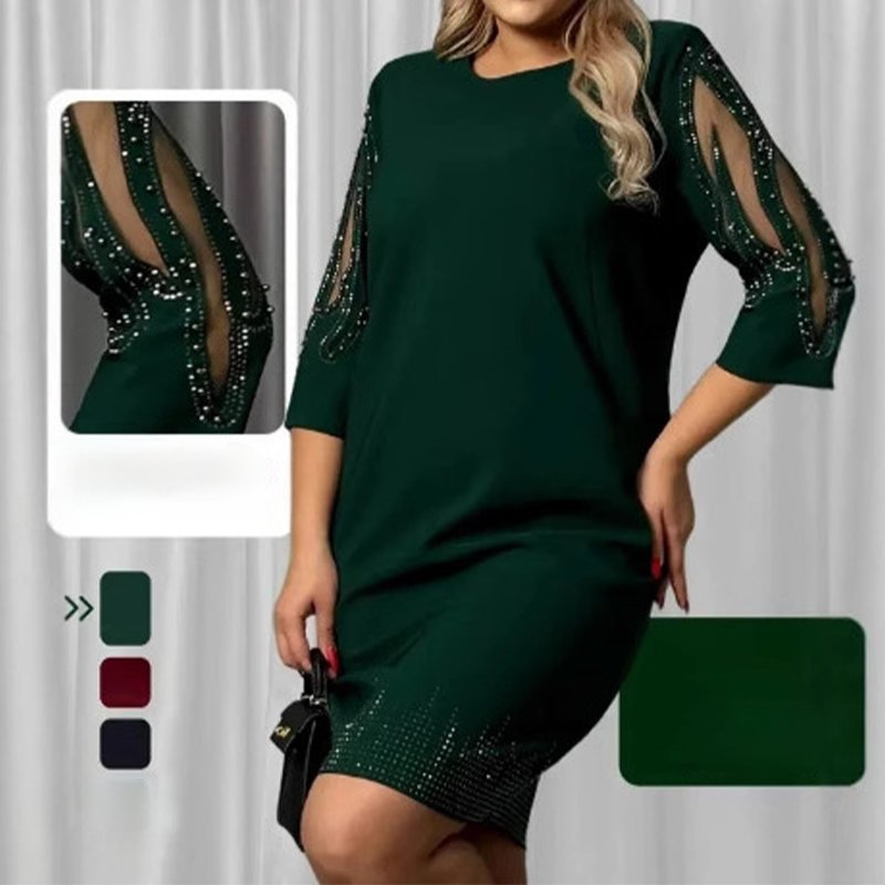 ✨Obleka s tričetrtinskimi rokavi in čipko z okrasnimi kamni-SI