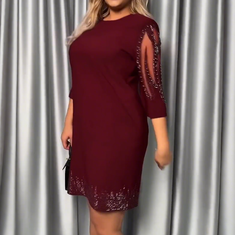 ✨Obleka s tričetrtinskimi rokavi in čipko z okrasnimi kamni-SI