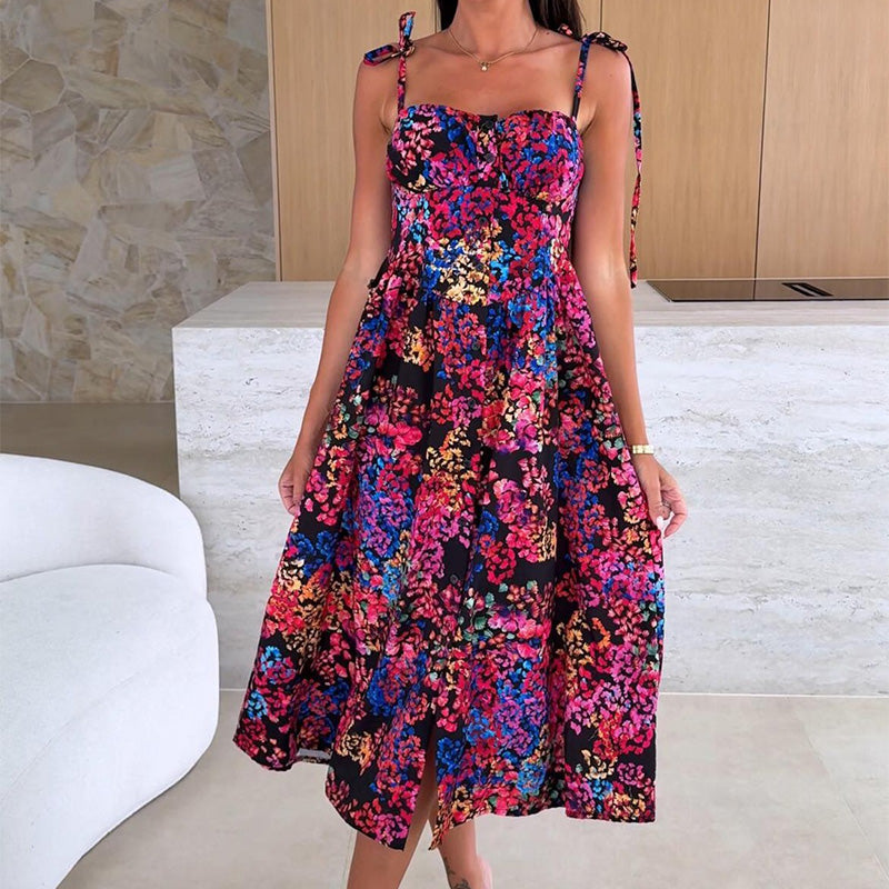 👗Elegantiška moteriška suknelė su plonomis petnešėlėmis ir gėlių raštu-LT