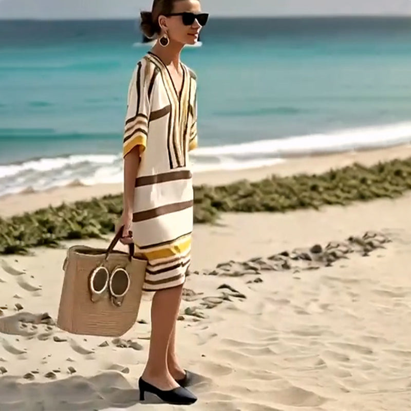 【S-3XL】👗Γυναικείο φόρεμα με ριγέ λαιμόκοψη V-GR