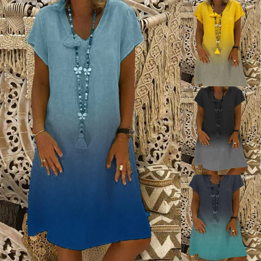 💃 Laisvalaikio suknelė su V formos iškirpte ir trumpomis rankovėmis gradiento stiliaus-LT