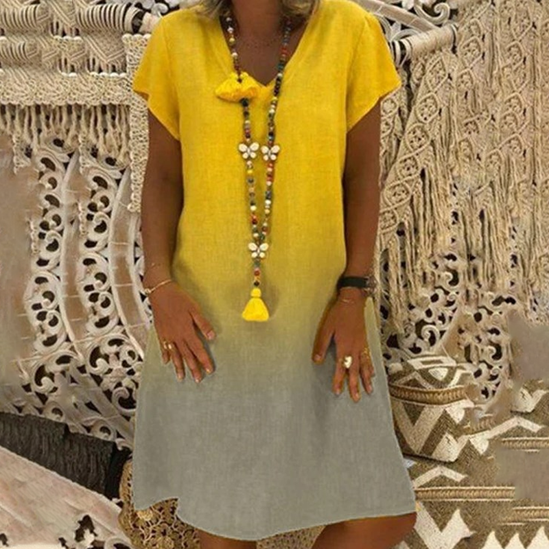 💃Καθημερινό φόρεμα με V ντεγκραντέ και κοντά μανίκια-GR