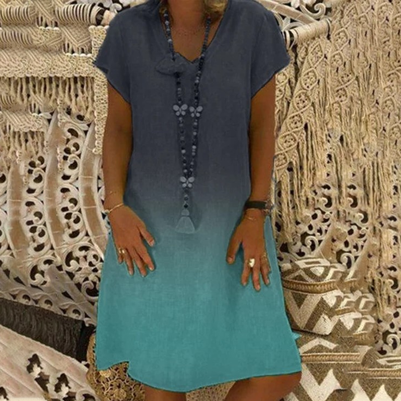 💃Καθημερινό φόρεμα με V ντεγκραντέ και κοντά μανίκια-GR