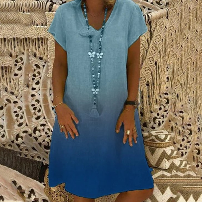 💃Καθημερινό φόρεμα με V ντεγκραντέ και κοντά μανίκια-GR