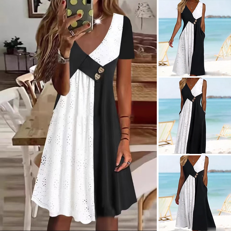 👗 Κομψό γυναικείο φόρεμα με λαιμόκοψη σε σχήμα καρδιάς και μοντέρνο patchwork-GR