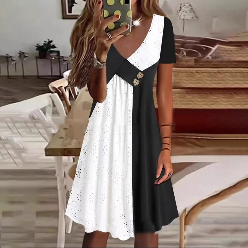 👗 Elegantna ženska obleka s srčkastim izrezom in modernim patchworkom-SI