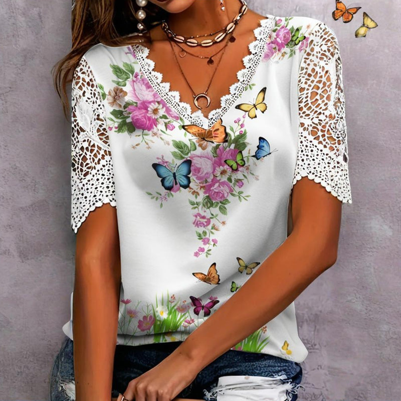 Spausdinti nėriniai su trumpomis rankovėmis-LT