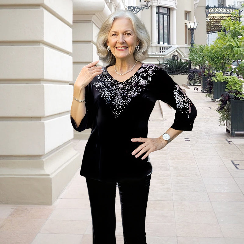 💞Ženski komplet iz žametnega topa in hlač z okrasnimi kamni-SI