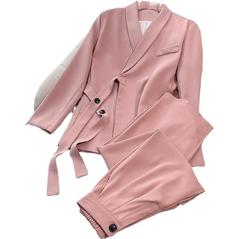 Dvodelni ženski komplet - suknjič z zavezovanjem spredaj in široke hlače-SI