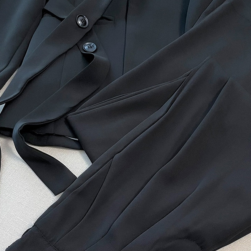 Dvodelni ženski komplet - suknjič z zavezovanjem spredaj in široke hlače-SI