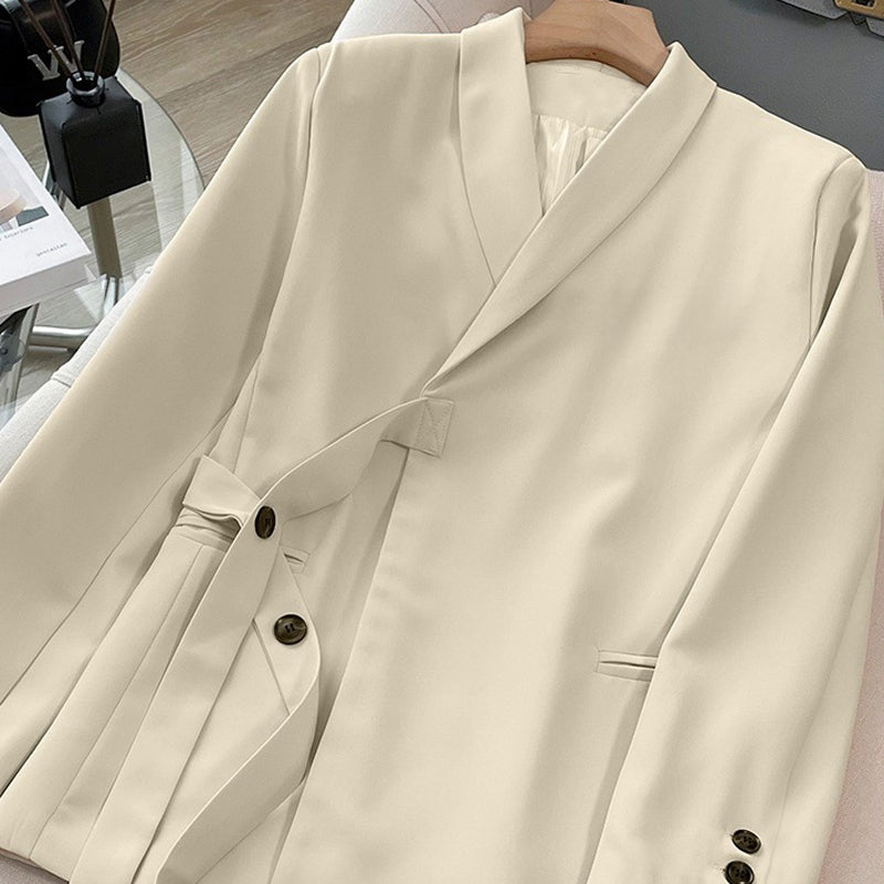 Dvodelni ženski komplet - suknjič z zavezovanjem spredaj in široke hlače-SI