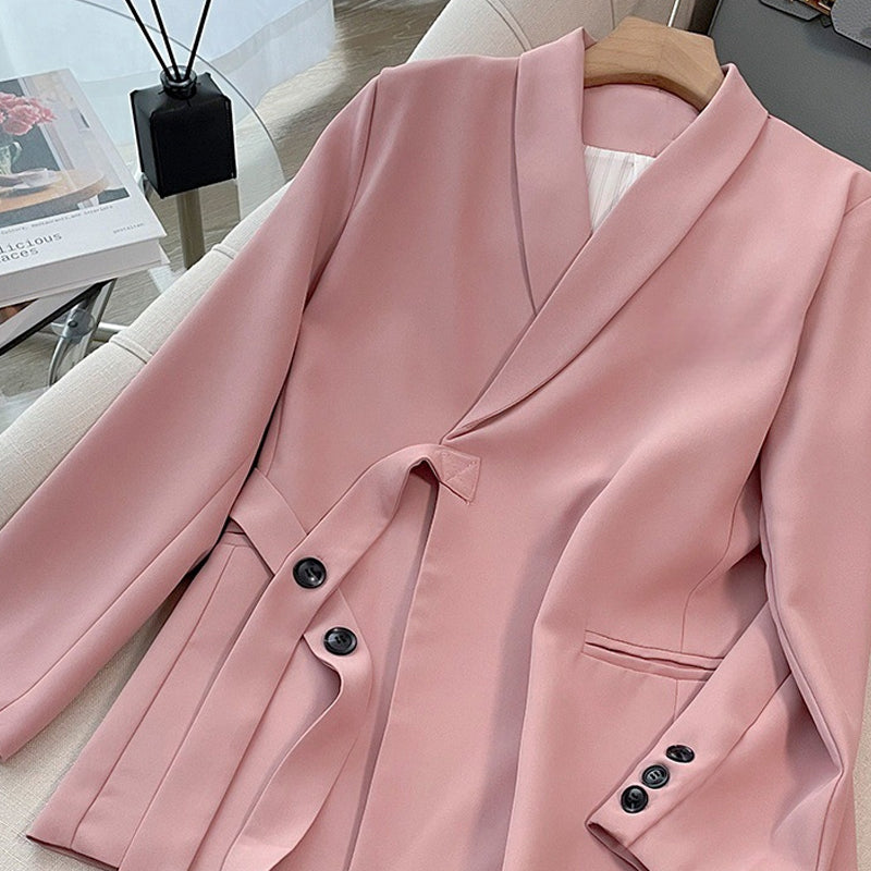 Dvodelni ženski komplet - suknjič z zavezovanjem spredaj in široke hlače-SI