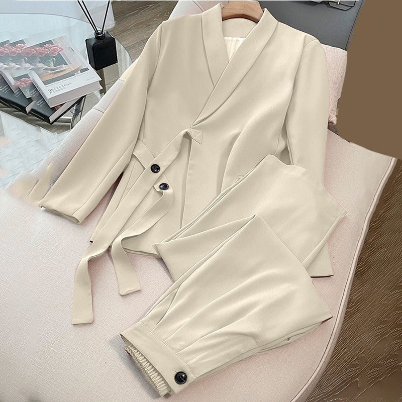 Dvodelni ženski komplet - suknjič z zavezovanjem spredaj in široke hlače-SI