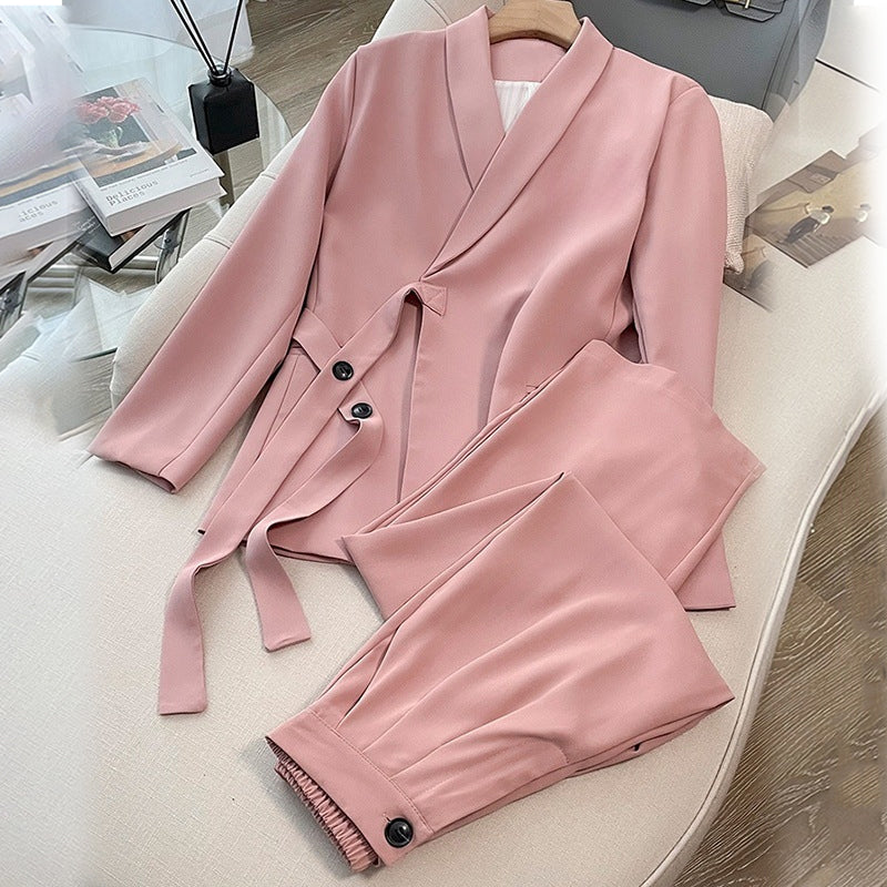 Dvodelni ženski komplet - suknjič z zavezovanjem spredaj in široke hlače-SI