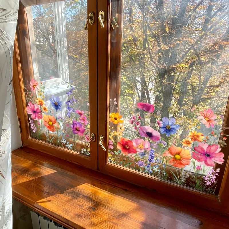 💎 Spalvingas lango lipdukas su gėlių puokštės motyvu - nuimamas, dvipusis ir supjaustomas pagal dydį 🏡-LT